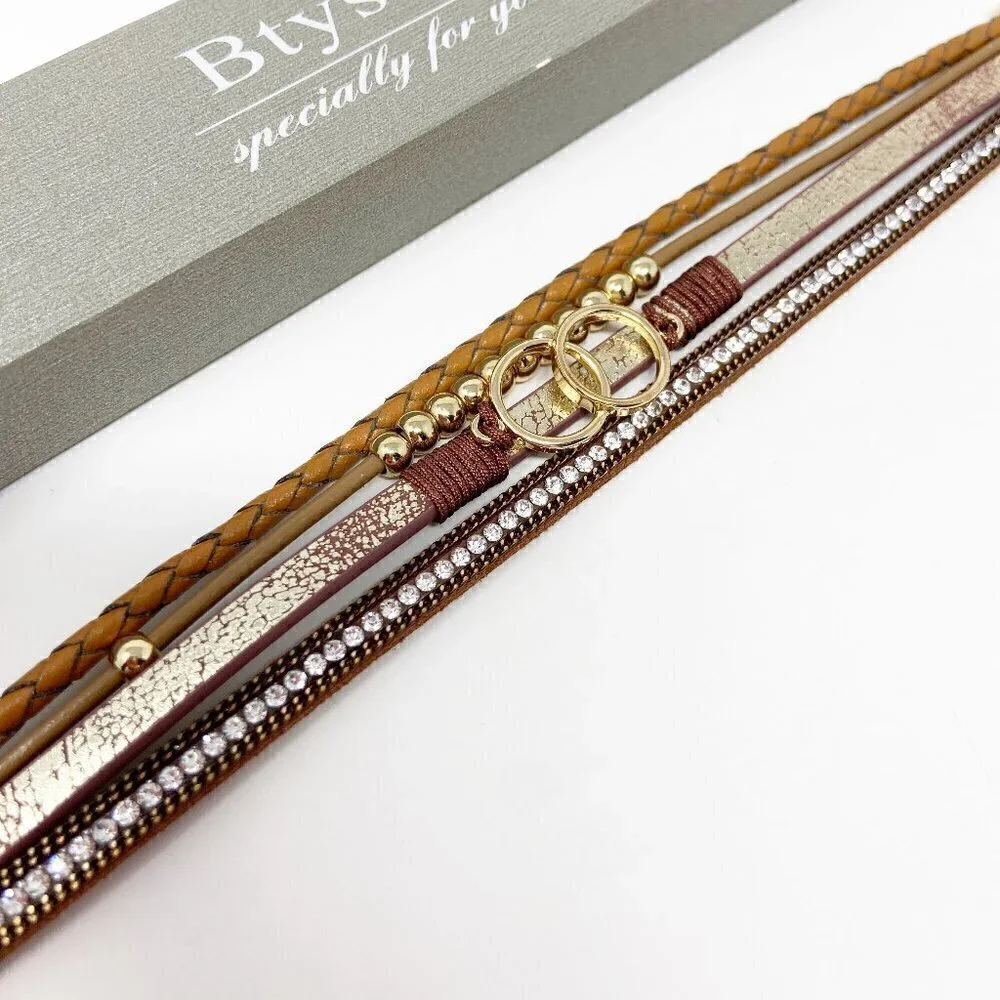 BTYSUN | Brown Leather Gold Tone Beaded Wrap Bracelet Magnetic Closure